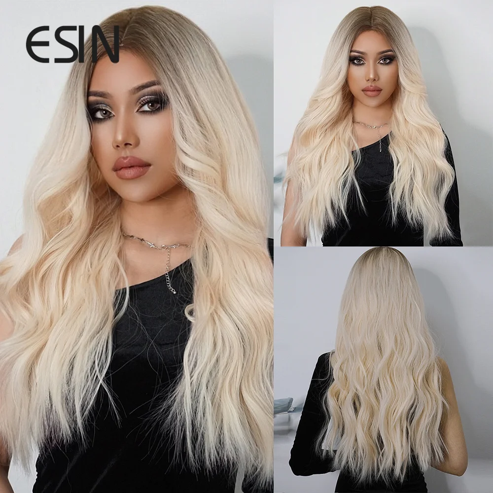 

ESIN 2022 Synthetic Mixed Brown and Blonde Long Curly Wavy Wigs Middle Part Natural Looking Wig for Women Daily Use