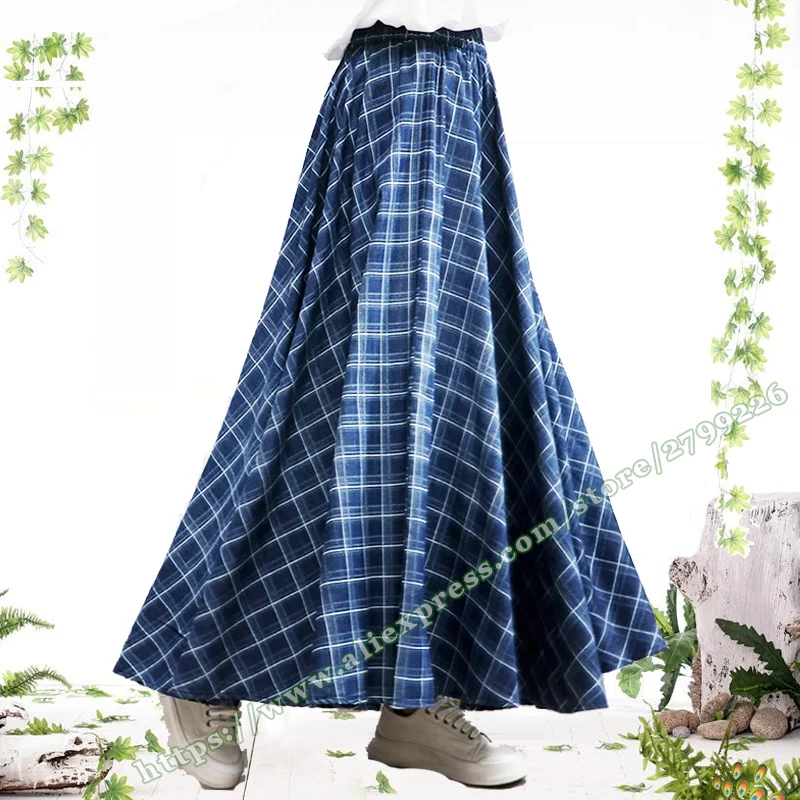 

2024 Casual Retro Style Denim Dark Blue Light Blue Checkered Plaid Large Big Hem Women's Long Skirt , cottagecore skirts Womens