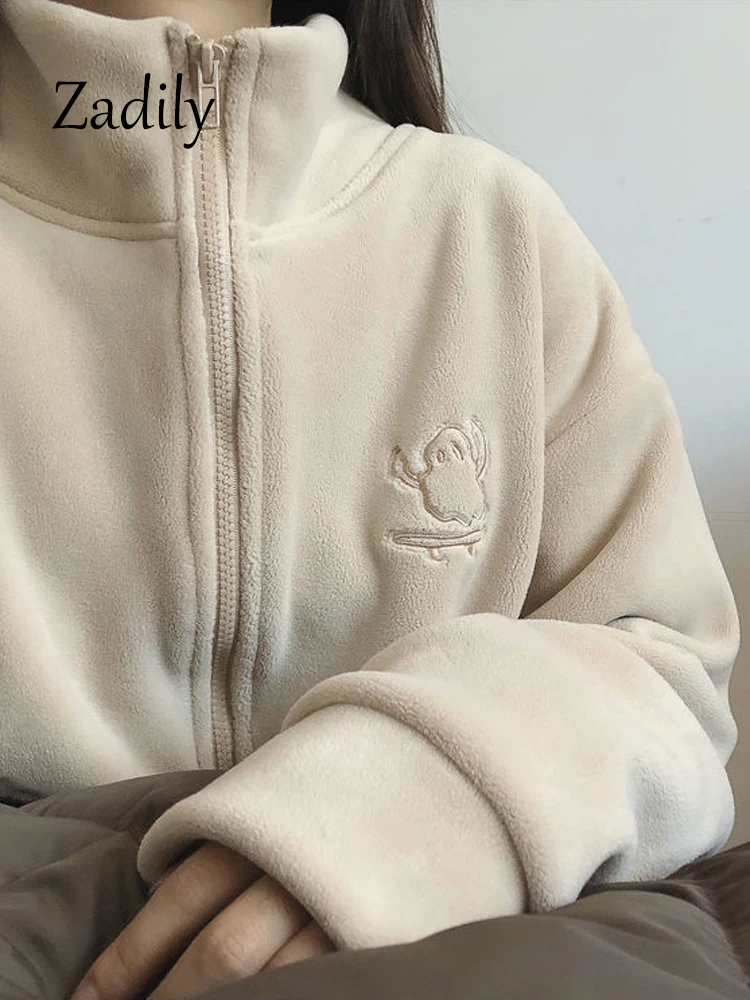 

Zadily 2024 Spring Casual Stand Neck Women Zipper Up Hoodies Minimalist Loose Polar Fleece Woman Coat Winter Female Clothing