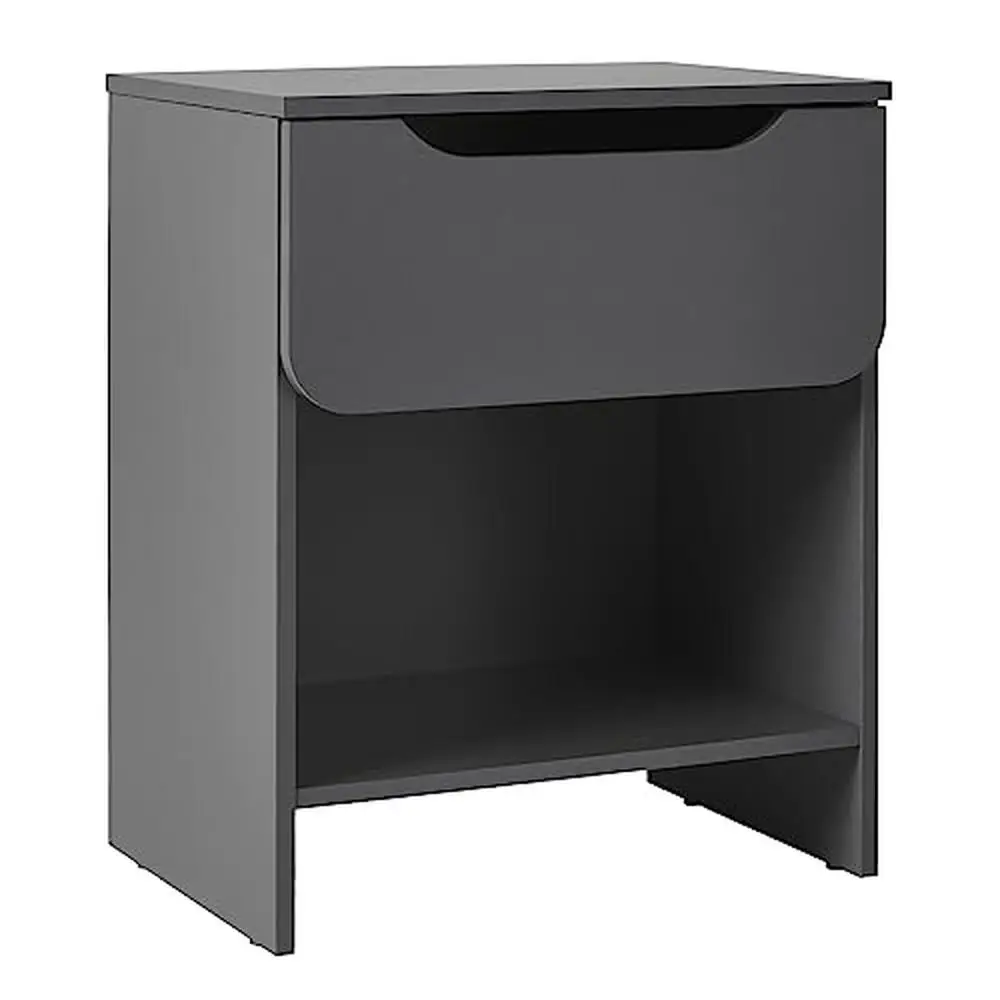 

Modern Dark Grey 1-Drawer Nightstand with Open Cubby Sleek Design Metal Glides Versatile Side Table MDF Construction Easy