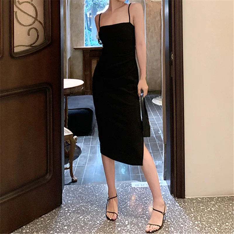 

New Luxury Black Sexy Sling Midi Dresses for Women Slah Neck Office Lady Casual Fashion Slim Party Evening Dress Korean