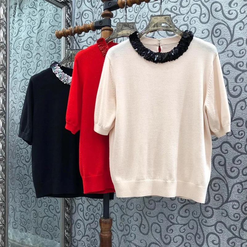 

100%Wool Knitted Sweaters 2024 Spring Summer Tops Luxurious Women Sequined Beading Deco Short Sleeve Red Black Beige Jumpers