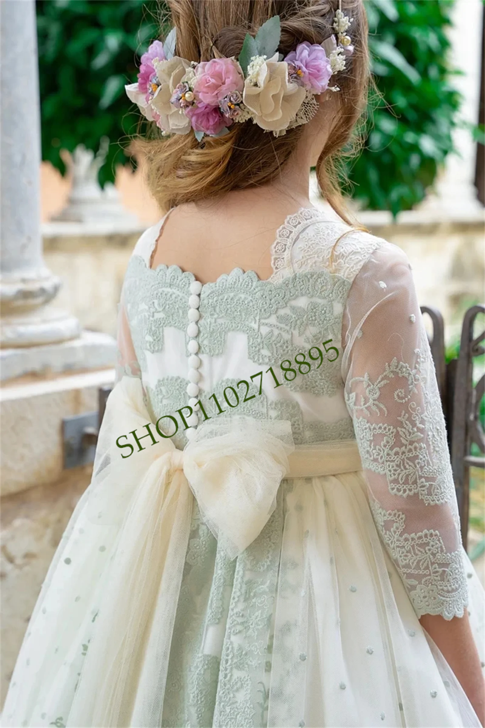 

Tulle Embroidered with Moles and Aquamarine Green Communion Dress Floral Details in the Middle Ribbon Tulle Belt