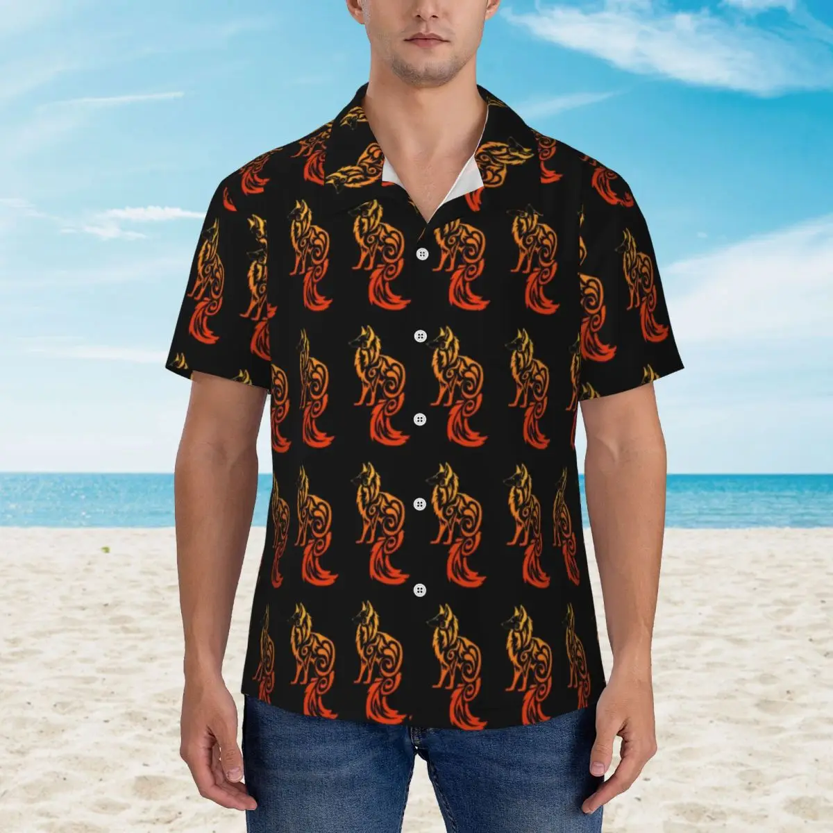 

Red Tribal Fox Hawaii Shirt Men Vacation Wild Animal Print Casual Shirts Short Sleeve Breathable Vintage Oversized Blouses