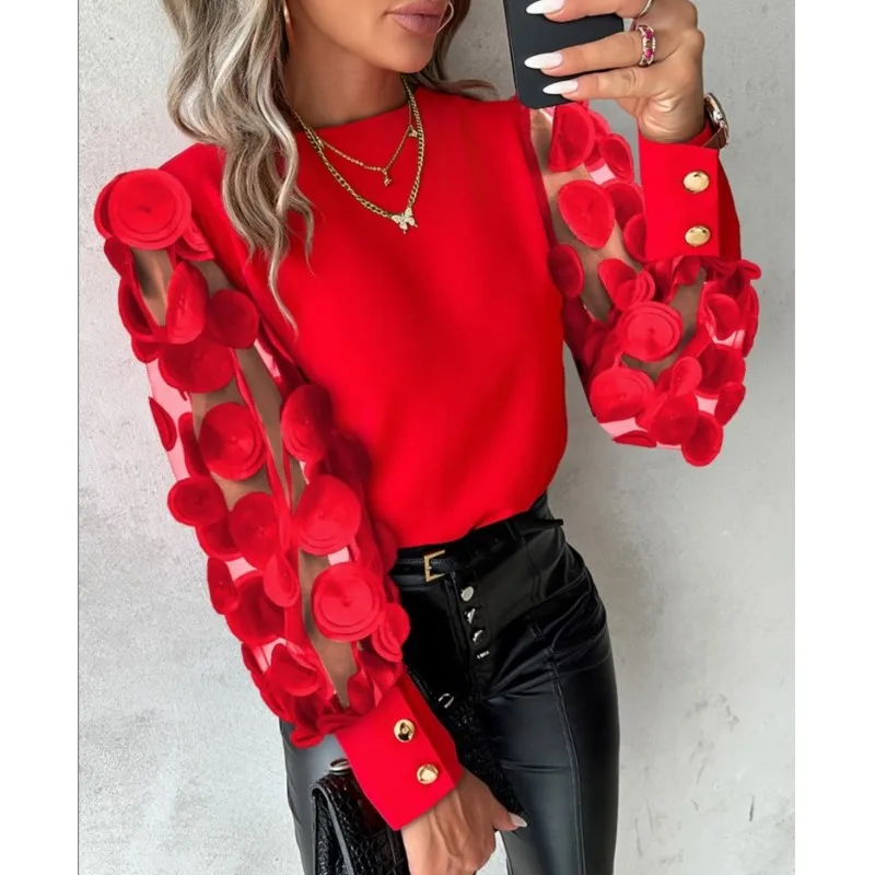 

Spring Fashion Round Neck Petal Sleeve Shirt Women's Mesh Spliced Hollow Long Sleeved Shirt Office Lady Solid Color Blouse Tops