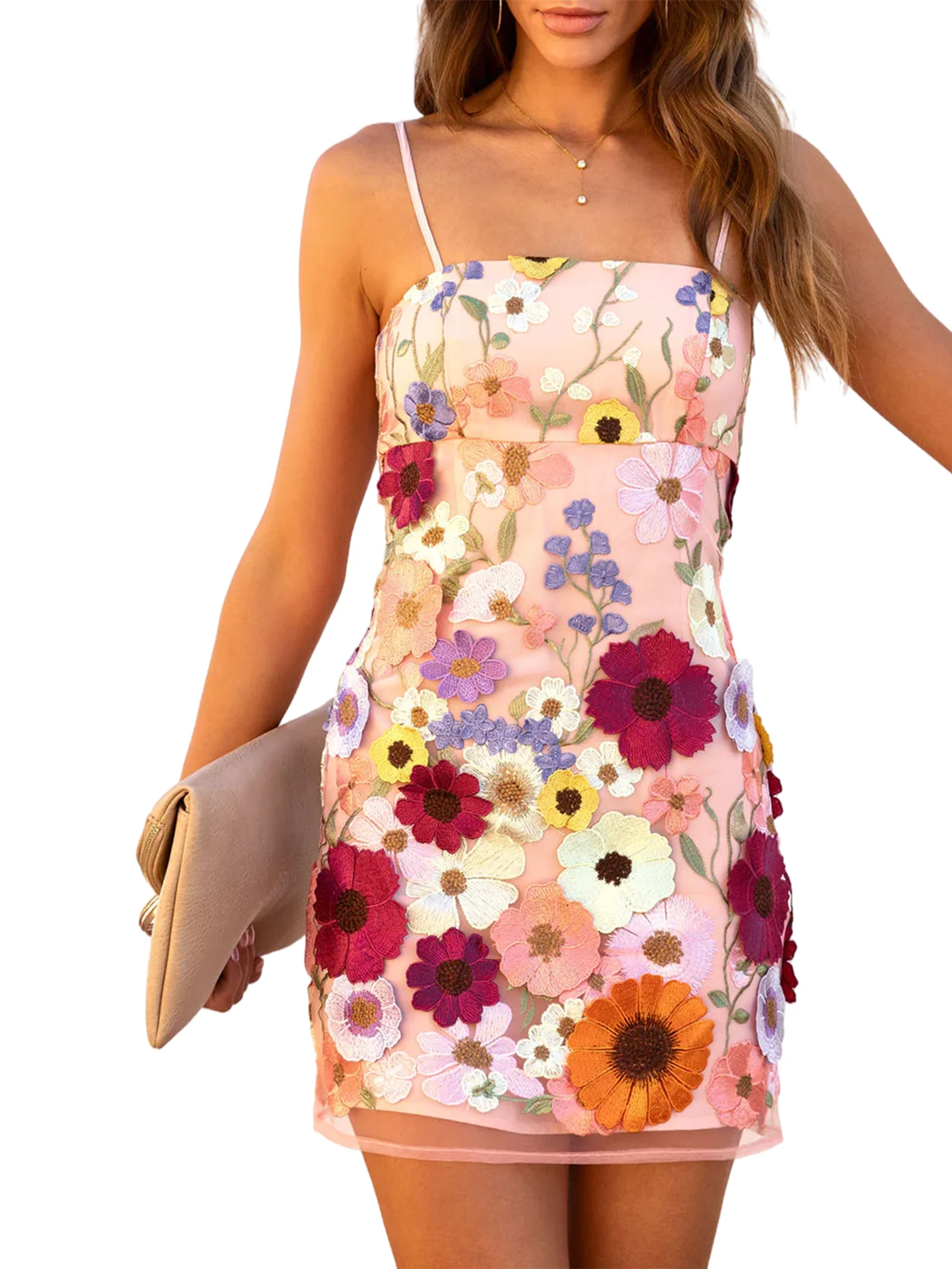 

Elegant Y2K Floral Embroidery Cami Dress with Spaghetti Straps and Low Cut Neckline - Perfect for Cocktail Parties and Special