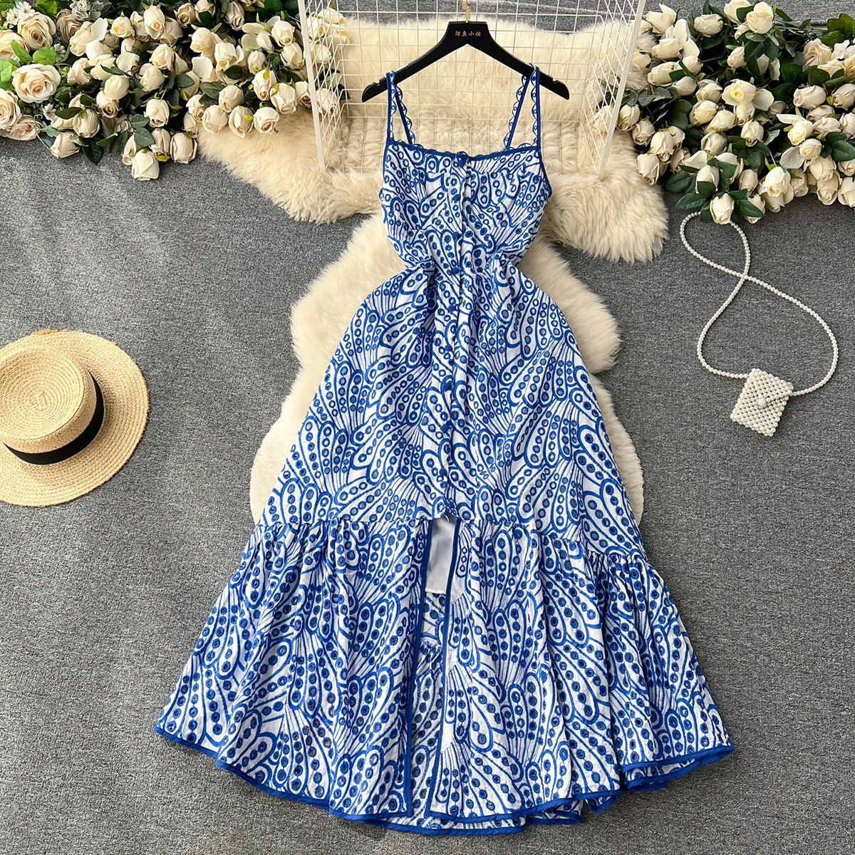 

Cutwork Embroidery Dress Summer Clothes For Women 2023 Spaghetti Strap Midi Dress Sleeveless Ruffle Hem Beach Vacation Dress