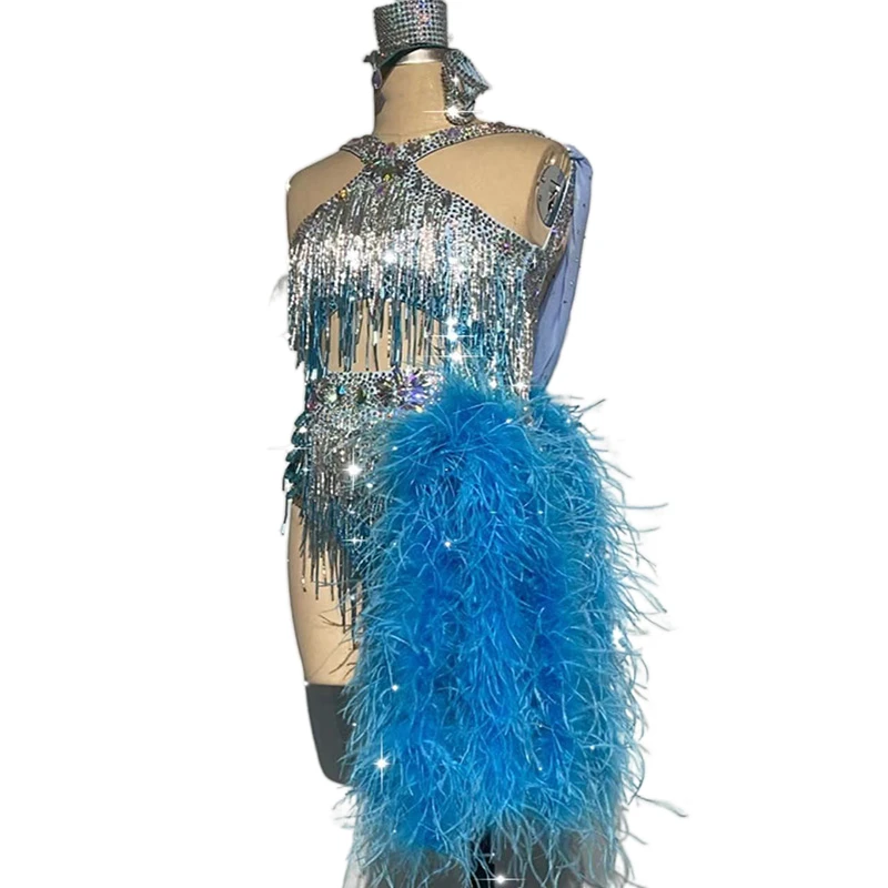 

Latin Dance High-end Custom Ostrich Hair Full Diamond Blue Custom Match Suit Cha Tango Female Adult Stage Professional Dress