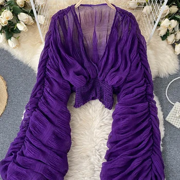 Summer Sexy Draped Chiffon Blouse For Women Elegant V-Neck Puff Long Sleeve Short Tops Female Slim Party Shirts 2022 New Fashion