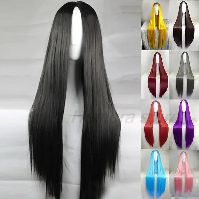 

Anime Basic 80 CM Long Straight black wigs for Women Universal Cartoon Cosplay Wig white black Central Parting Wigs