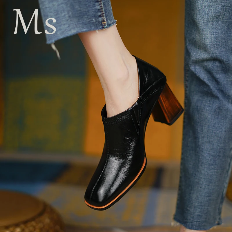 Women Fashion High Heels Pumps Shoes Square Toe Genuine Leather Thick heeled deep cut single shoe Mary Janes Women Shoes A52
Women Fashion High Heels Pumps Shoes Square Toe Genuine Leather Thick heeled deep cut single shoe Mary Janes Women Shoes A52