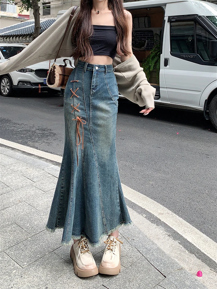 

enim Skirt Woman Korean Fashion High Waist Slim Elegant Irregular Split Faldas Largas Retro Mermaid Bodycon Jupe Femme