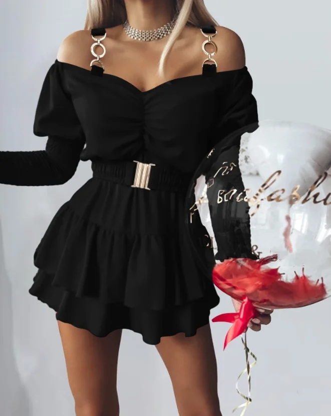 

Women Elegant Mini Layered Dress Fashion Cold Shoulder Long Sleeve Summer Chain Shirred Puff Sleeve Ruched Casual Sexy Dress
