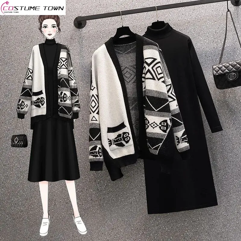 

Женский осенний комплект оверсайз, Корейская версия 2023, новый облегающий свитер, кардиган, пальто, вязаное платье, Модный комплект из двух предметов