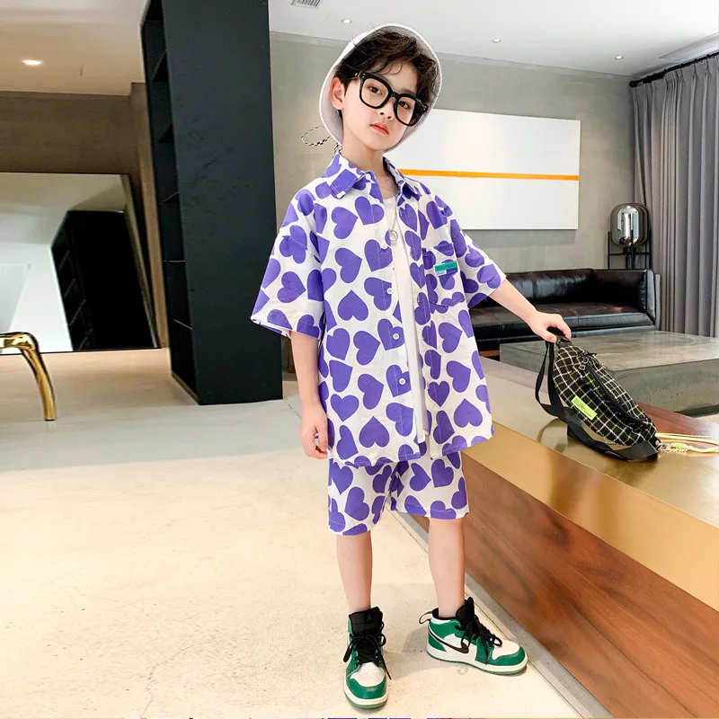 Summer New Boys Outfits Short Sleeve Shirt+Shorts Cotton Kids Heart Print Casual Suits Children Green Purple Clothes 4-14 Years
Summer New Boys Outfits Short Sleeve Shirt+Shorts Cotton Kids Heart Print Casual Suits Children Green Purple Clothes 4-14 Years