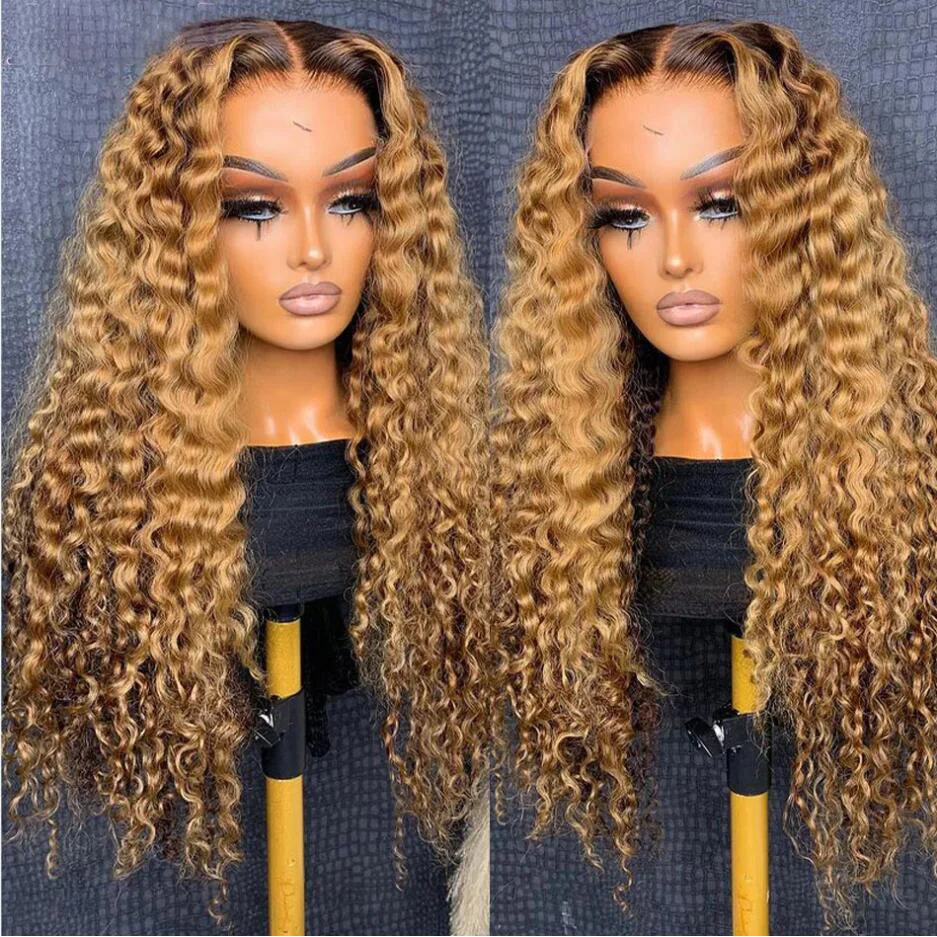 

Natural Hairline Ombre Honey Blonde Soft Preplucked Glueless 180Density Long Kinky Curly Lace Front Wig For Women BabyHair Daily