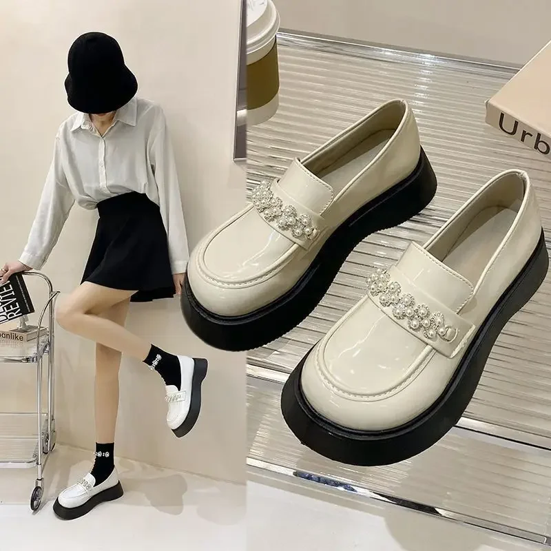 

Woman Footwear Normal Leather Casual Gothic Shoes for Women Platform Round Toe Mary Jane Apricot Pearl Japanese Style Lolita L E