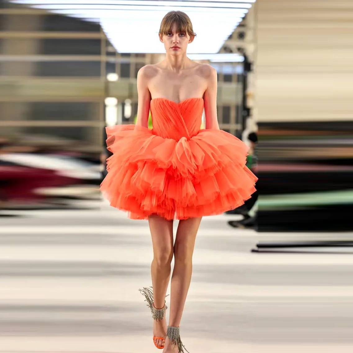 

Chic Layered Tulle Maxi Skirt for Women Elastic Waist Tiered Short Skirt Ruffles Tulle Orange Party Skirts Tutu Cheap