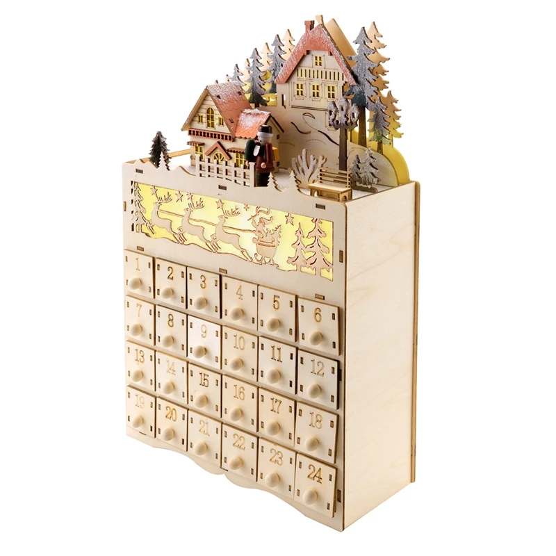 

Wooden Christmas Advent Calendar Countdown To Christmas LED Holiday Decoration 24 Drawers With LED Light