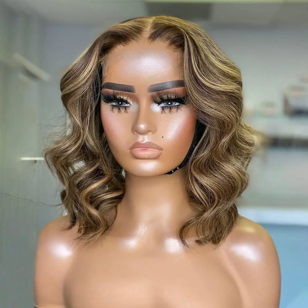

Short Bob Wavy Ombre Lace Wig Honey Blonde 13x4 Transparent Lace Front Human Hair Glueless Wig Pre Plucked Ready To GO For Women