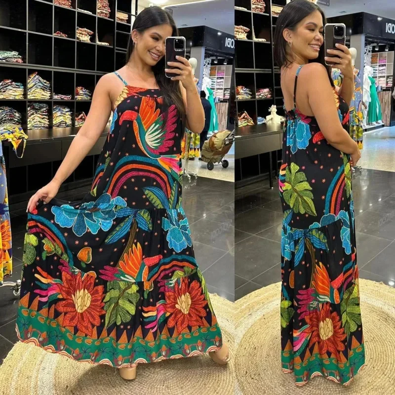 

Women Printed Long Dress Sexy Spaghetti Strap Sleeveless Large Hem Printed Long Suspender Dress 2024 Summer Casual Beach Dress