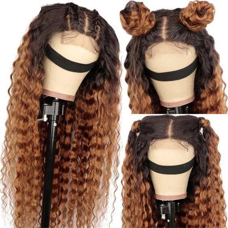 

Soft Long 26lnch 180Density Ombre Brown Glueless Kinky Curly Lace Front Wig For Women With Baby Hair Synthetic Preplucked Daily