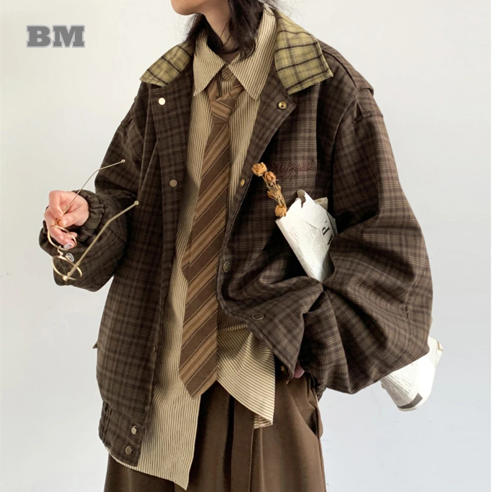 

Korean Vintage Plaid Jacket For Men Women Clothing Preppy Oversize Lapel Coat Kpop Fashion Patchwork Jacket Hip Hop Streetwear