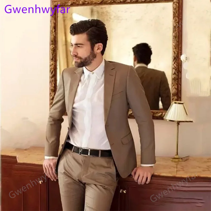 

Gwenhwyfar Fall 2022 Blazer Sets Jacket and Pants Notch Lapel Two Buttons Brown 2 Piece Wedding Suit Groom Business Tuxedo