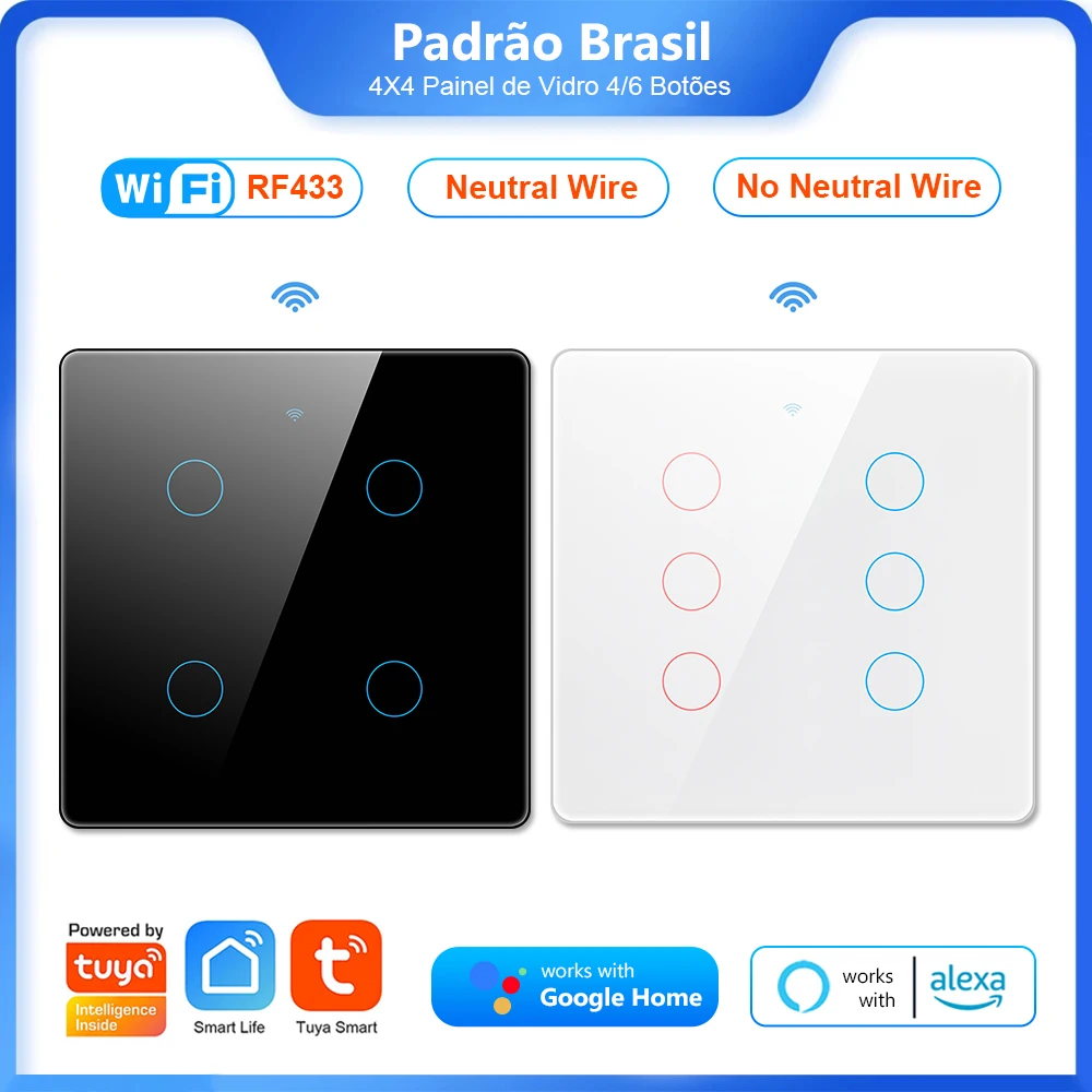 

Tuya Brazil 4x4 Switch WiFi Smart Switch 4/6Gang Interruptor Inteligente Home Appliance Touch Wall Switch Work With Alexa Google