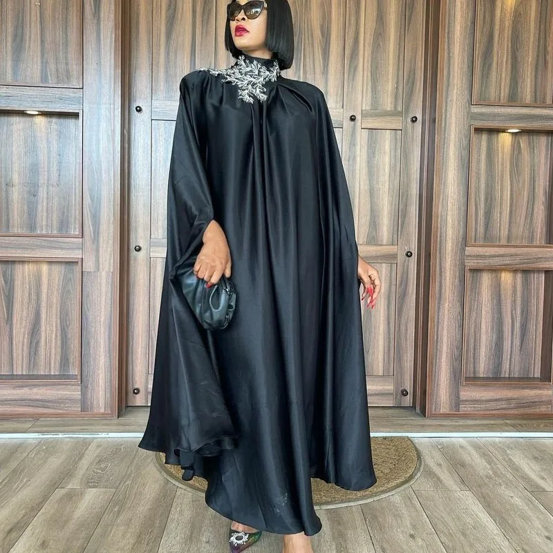 

African Dresses for Women Oversized Batwing Sleeve Robe Bazin Riche Femme Fashion Ankara Outfits Abayas Kaftan Black Party Gowns