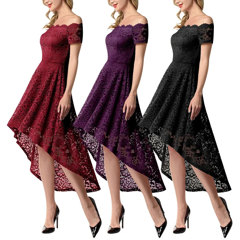 

Spring New Lace With Waist Wrapped One Shoulder Dress, Evening Banquet Flare Dress