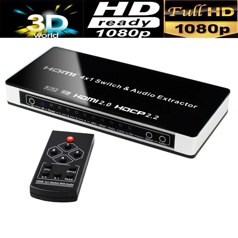 

4K 60HZ 1080P 4x1 HDMI Switcher with Audio Extractor 4 In 1 Out HDMI 2.0 HDCP 2.2 Video Converter for PS4 Camera Laptop PC To TV
