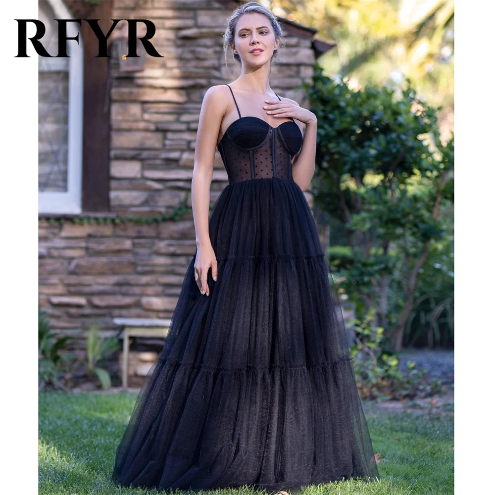 

RFYR Black Prom Dress Spaghetti Strap Party Dresses A Line Dot Celebrity Gowns Lace Up Back Wedding Party Dress вечерние платья