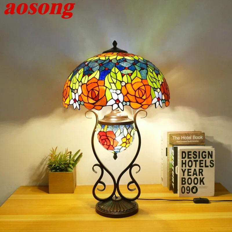 

AOSONG Tiffany Table Lamp American Retro Living Room Bedroom Lamp Luxurious Villa Hotel Stained Glass Desk Lamp