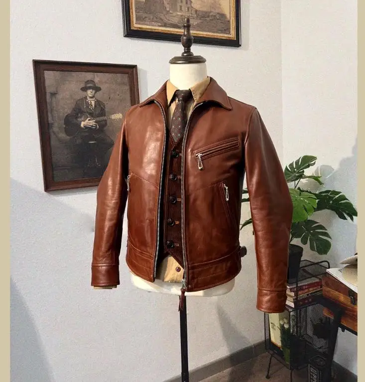 

YR!Free shipping.Brown Vintage 1930's Rider leather jacket.quality Men natural tanned calfskin coat,Classic causal leather wear.