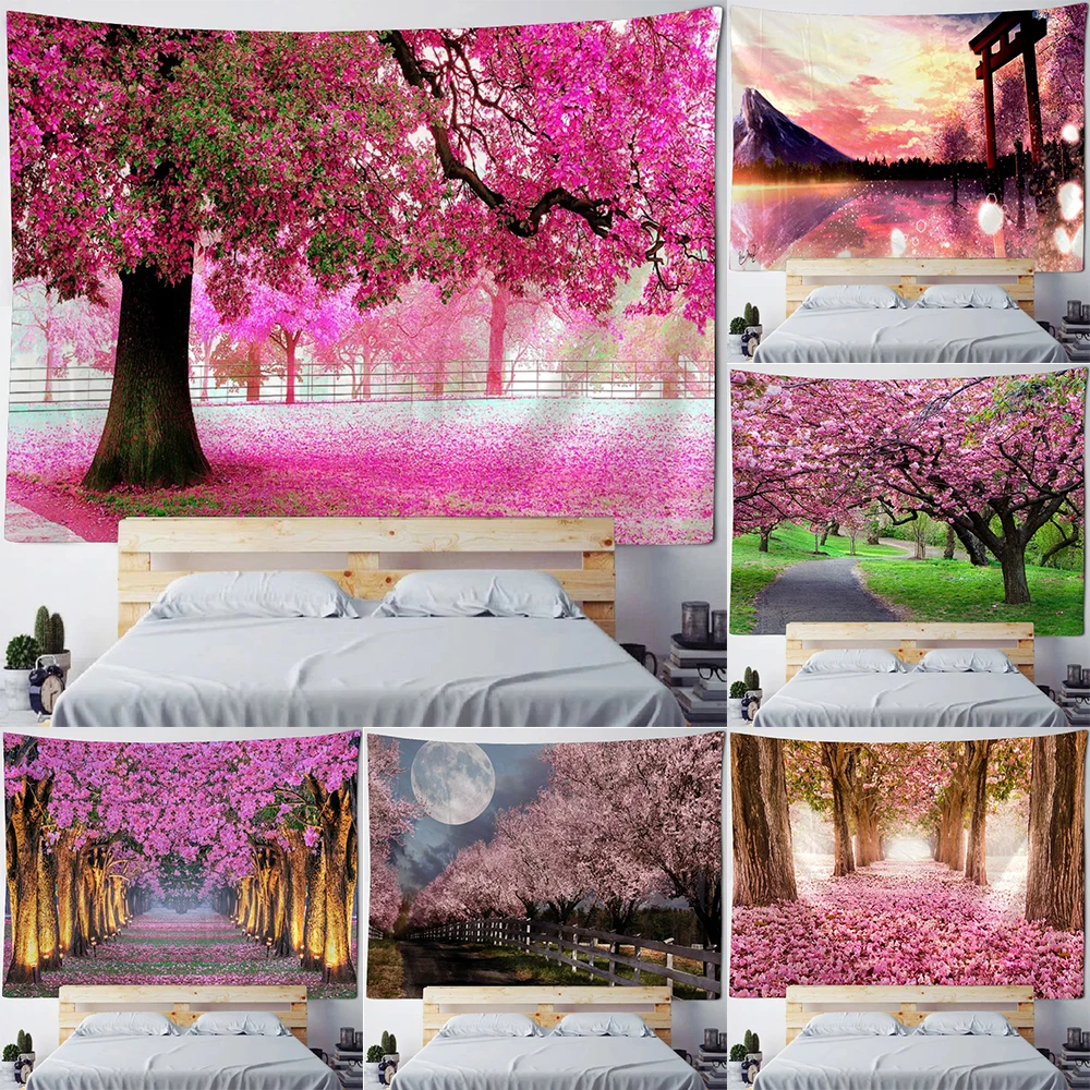 

Красивый натуральный лес, гобелен, вишневый цветок, пейзаж, настенное украшение, хиппи, художественное украшение для комнаты, богемное украшение для дома