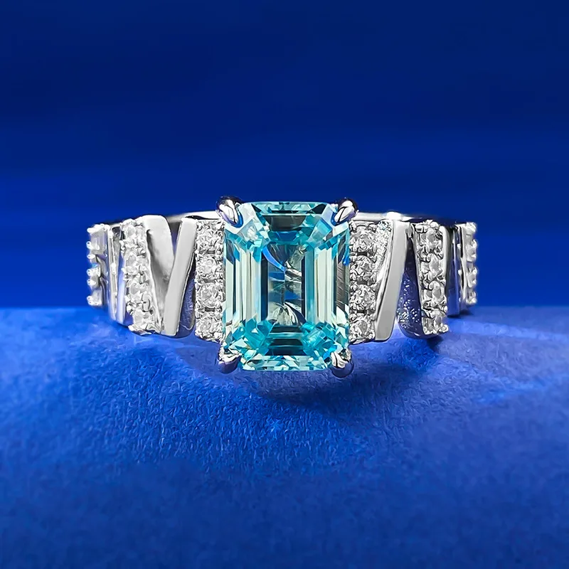 

S925 серебро 6*8 прямоугольное морское синее кольцо синтетический драгоценный камень для женщин модное свадебное кольцо с бриллиантами