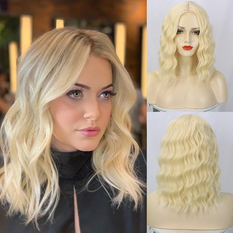 

Synthetic Natural Wave Bob Wigs for Women 14 Inch Blonde Curly Middle Part Wig Shourld Length Ombre Wavy Bob Wig Lolita Cosplay