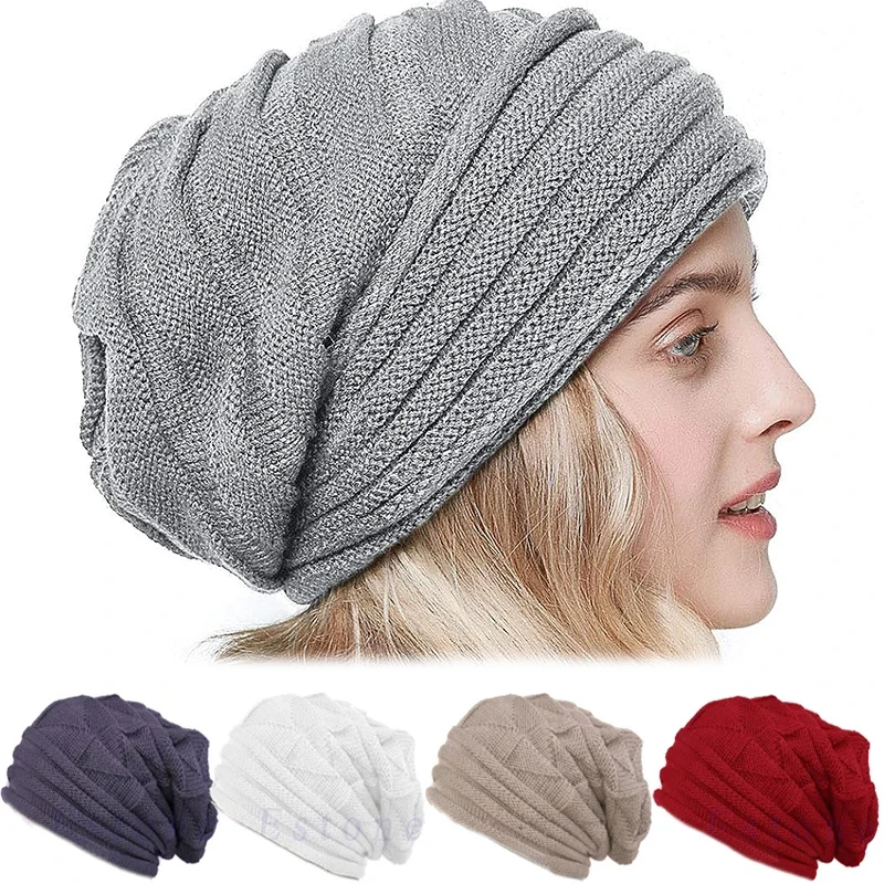 

Women Knitted Caps Autumn Winter Ponytail Beanie Hat Solid Color Oversized Ski Slouchy Cap Wool Warm Hats Unisex Beanies Turban