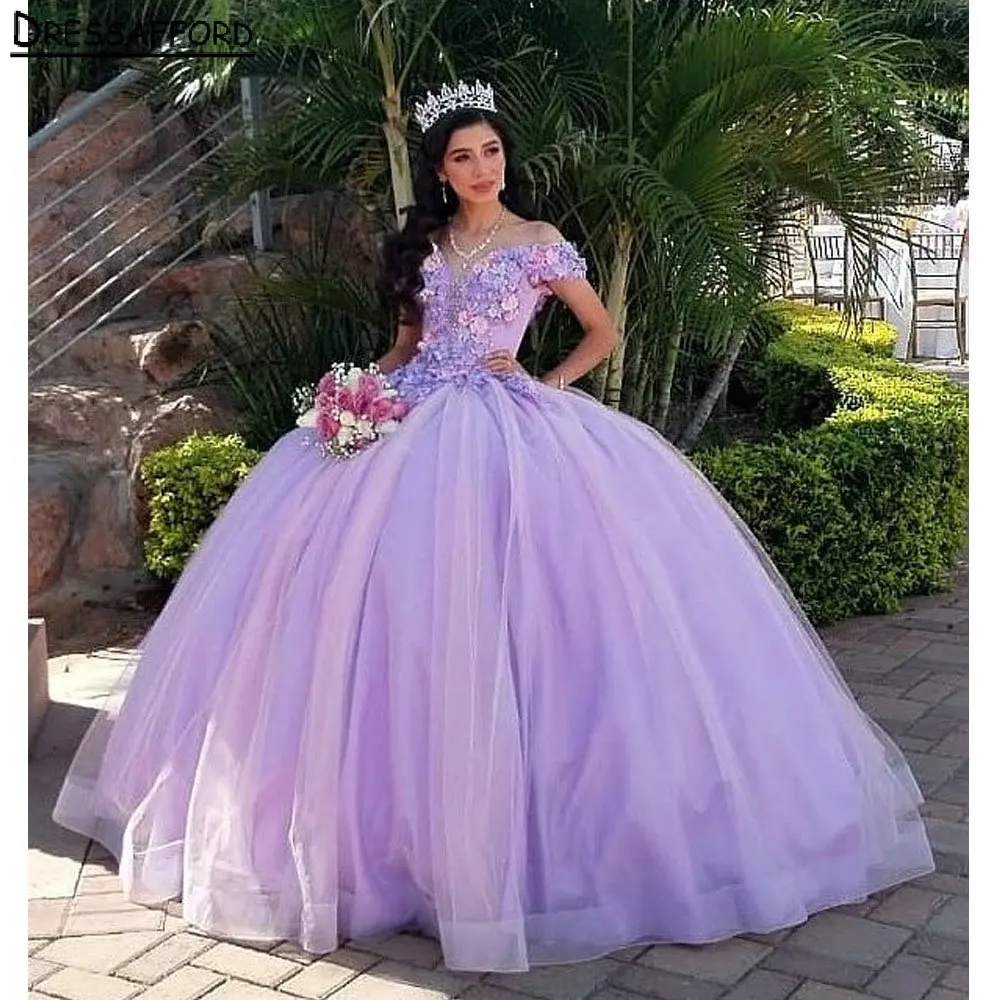 

Lilac Pearls Beading Off The Shoulder Corset Quinceanera Dress Ball Gown 3D Flowers Graduation 7th Vestido De XV Anos