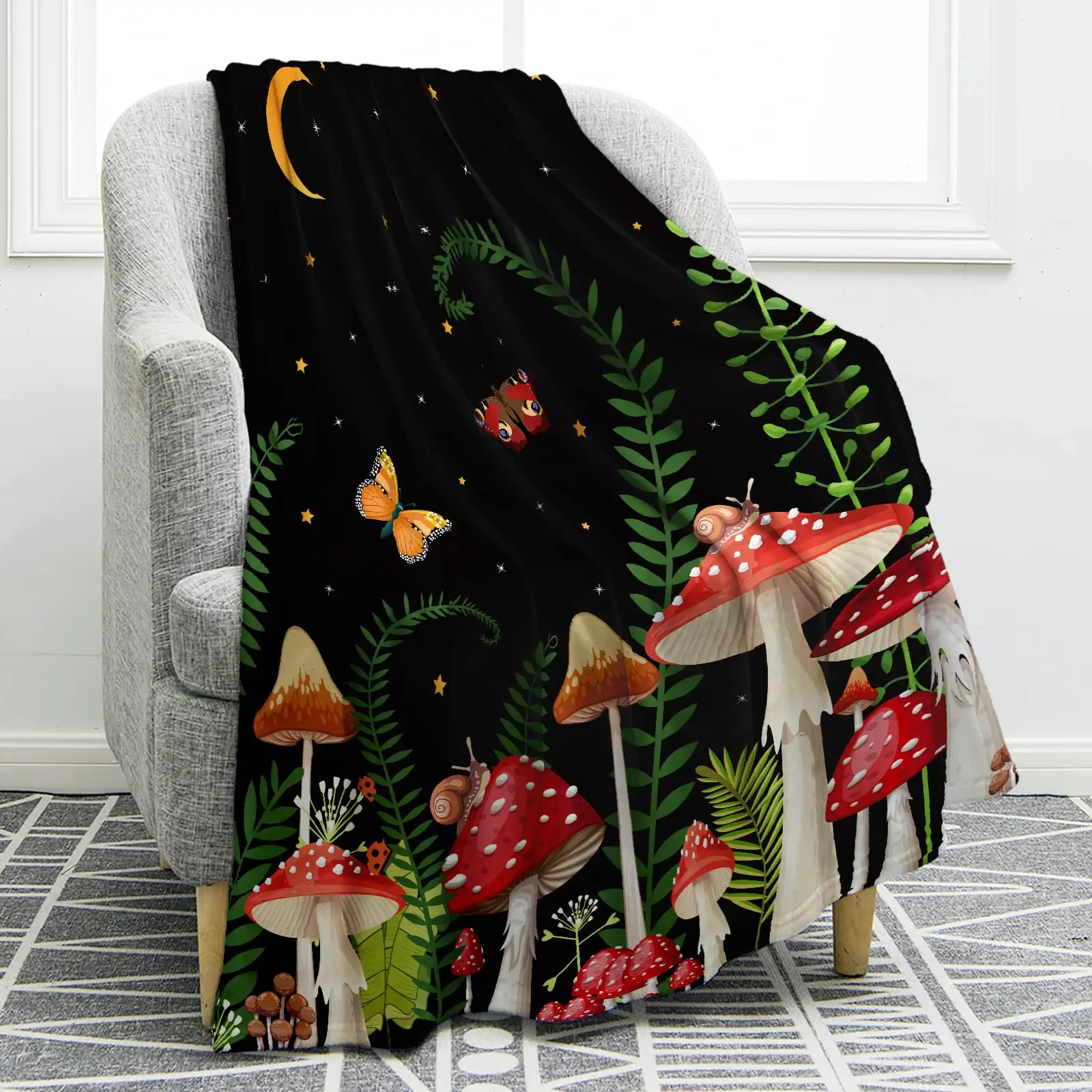 Mushroom Blanket Butterfly Moon Star Black Mushrooms Plant Print Throw Blankets Bedspread Flannel Fluffy Soft for Bedroom Decor
Mushroom Blanket Butterfly Moon Star Black Mushrooms Plant Print Throw Blankets Bedspread Flannel Fluffy Soft for Bedroom Decor