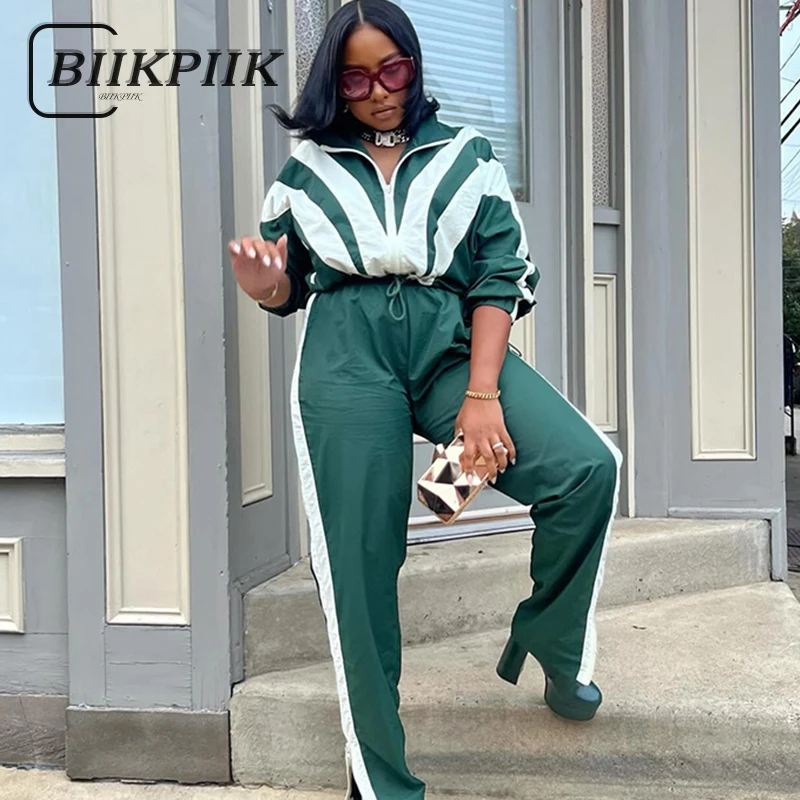 

BIIKPIIK Sporty Contrast Color Women Sets Fashion Tracksuits Zip Up Jacket+Drawstring Pants Jogging Fitness Safari Casual Outfit