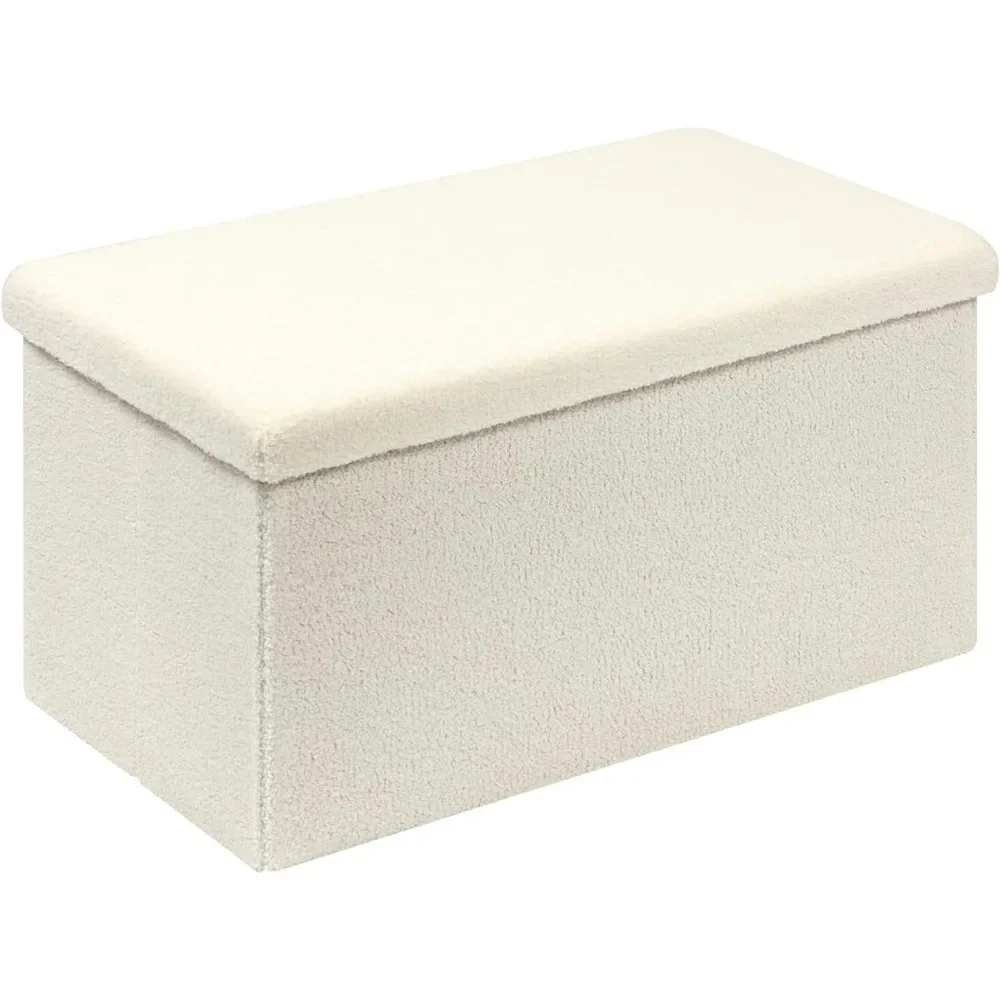 

OEING Folding Storage Ottoman Bench, White Upholstered Sherpa Ottoman Storage Bench, Large Storage Chest Footrest with Lids