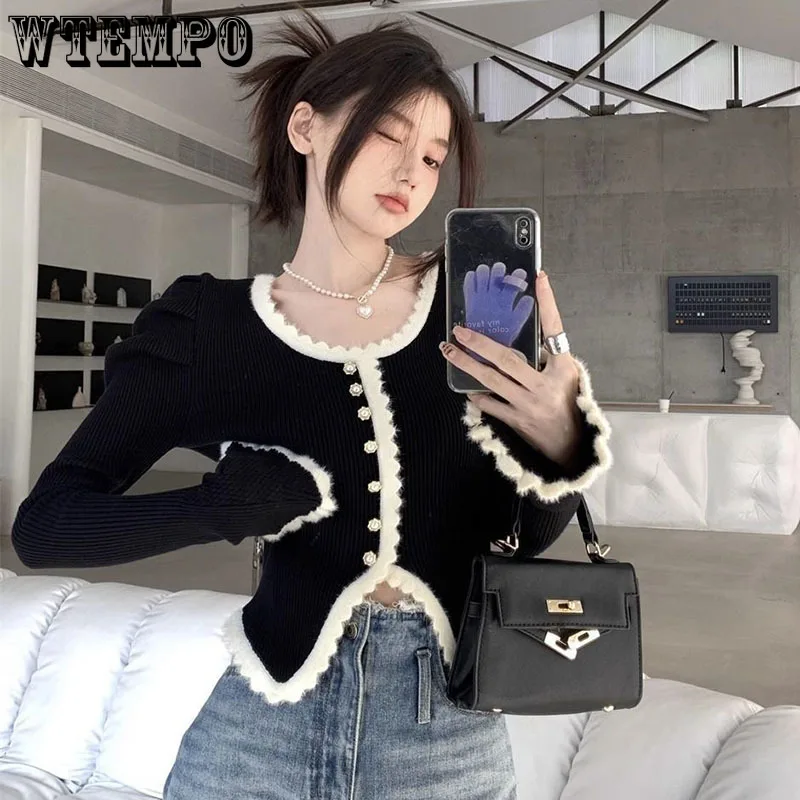 

Black Flare Sleeve Knitwear Thin Cardigan Women's Short Top Slim High Waist Navel Expose Hotsweet Korean Fashion American Hottie