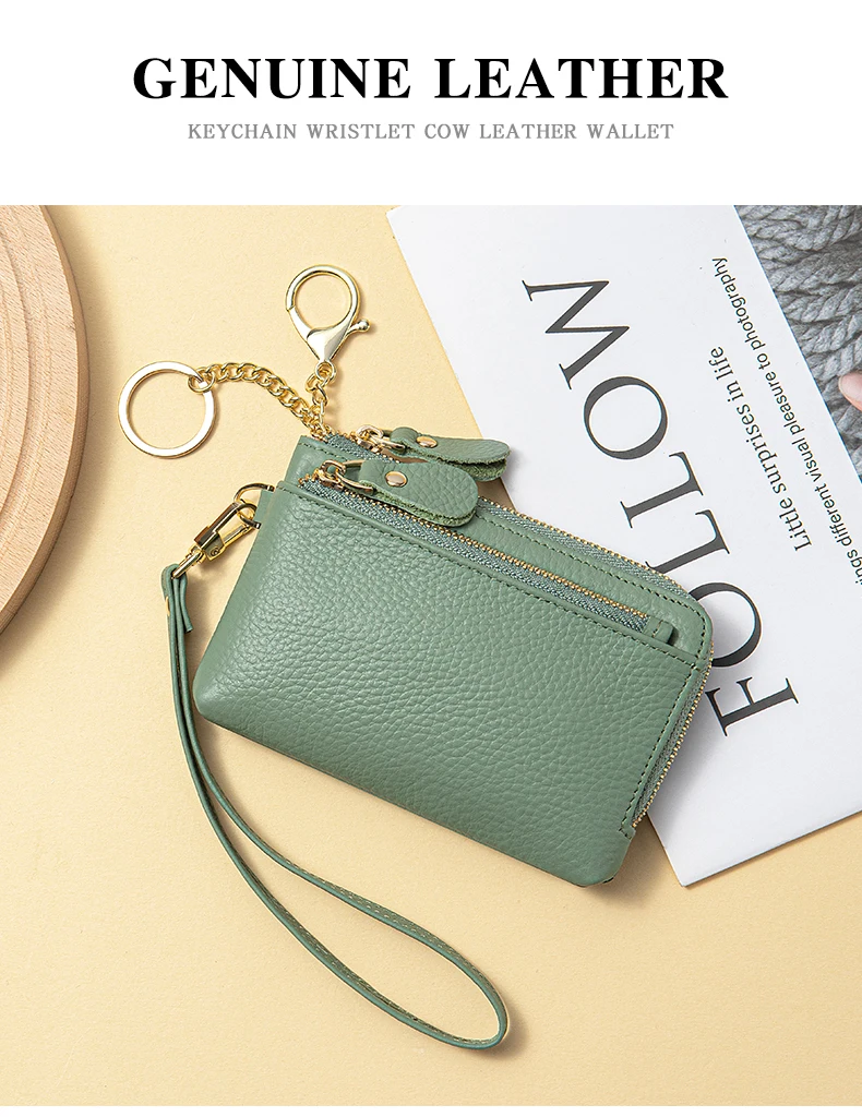 Genuine leather women’s mini wallet with zipper pocket, RFID protection, and wristlet keychain