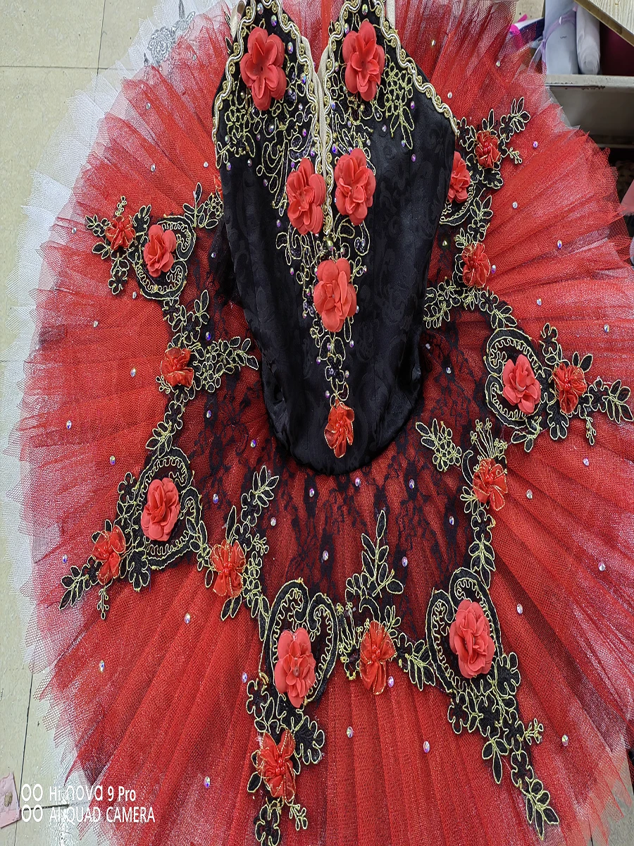 

Professional Tutu Red Ballet Black Lace Decorations pancake Adult Performance Don Quixote Competition Costumes for girls