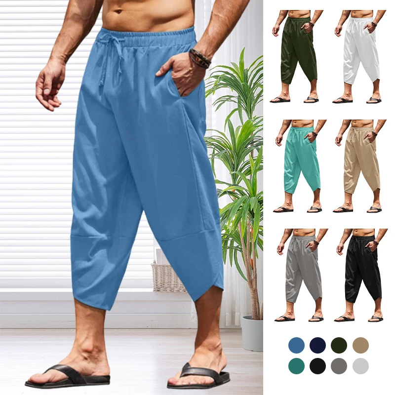 

Men Summer Solid Color Capri Pants Harem Shorts Men Elastic Waist Drawstring 3/4 Length Cropped Trousers Baggy Sweatpants