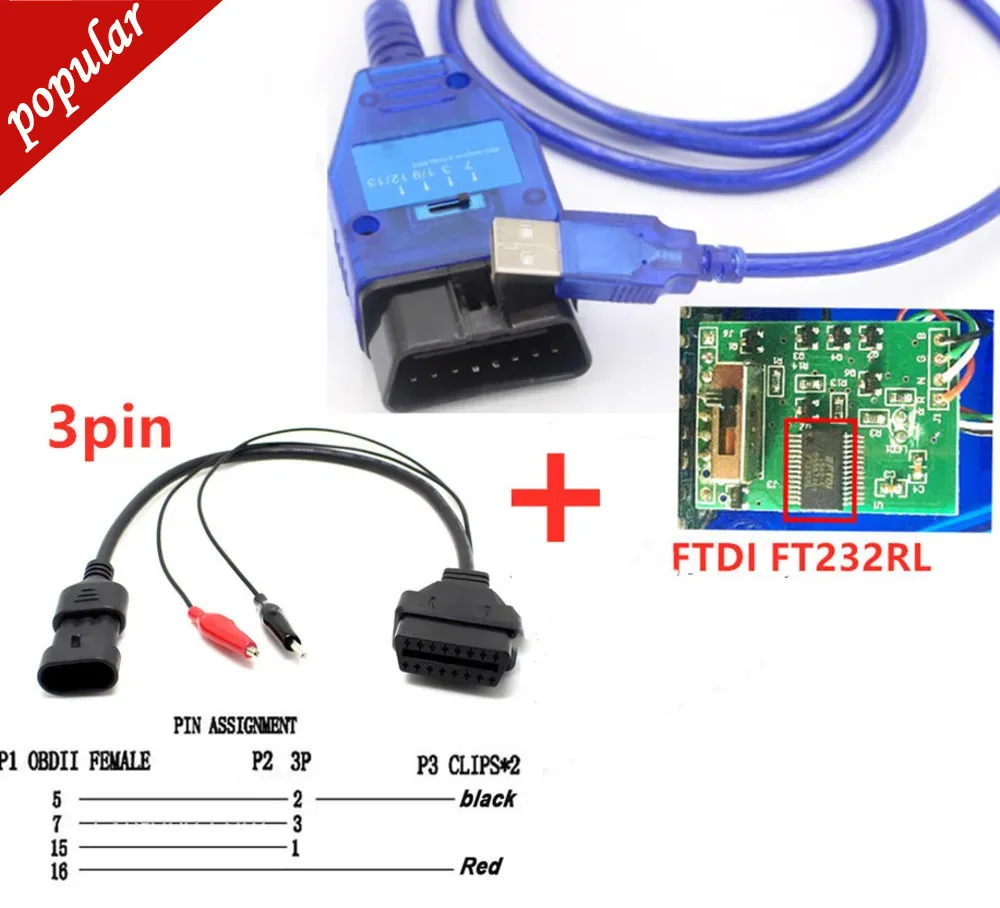 

3pin To 16pin Diagnostic Tool 12v Adapter Obd2 Cable Plug Connector and VAG USB Cable with FTDI Chip Vag USB OBD2 Scanner