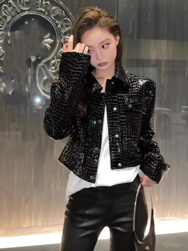 

2023 Fashion Women Crocodile Pattern Bright Patent Sheepskin Leather Coat Punk Style Genuine Leather Jacket Top Quality Autumn C