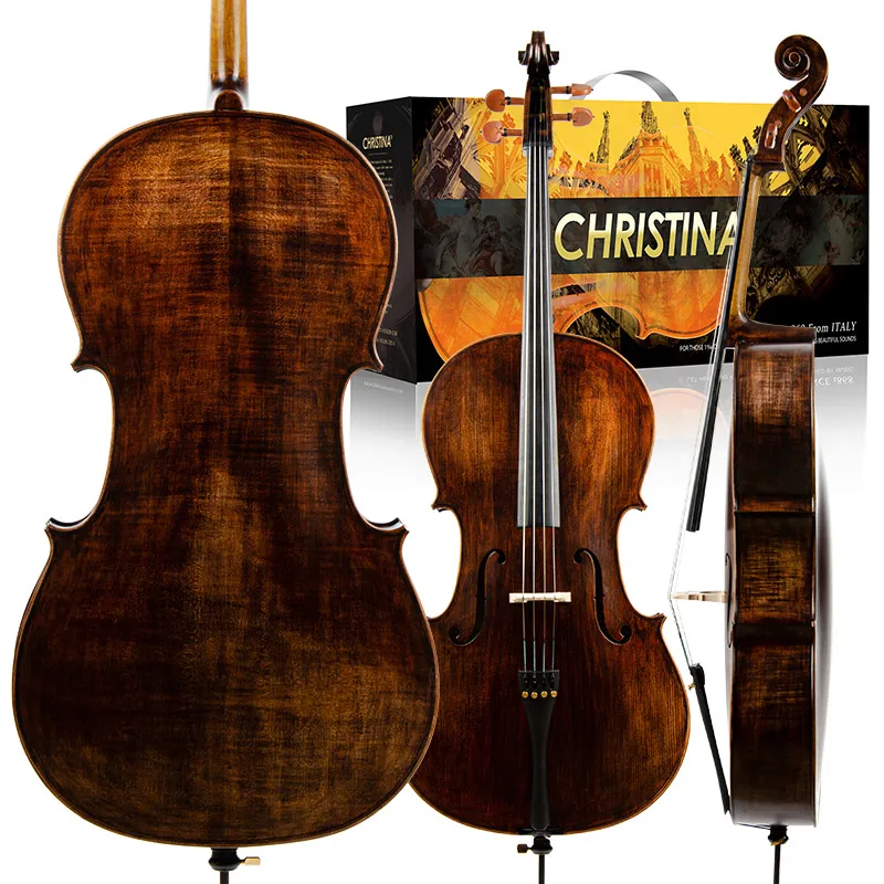 

CHRISTINA Beginner & Standard Cello MUSE, 1/8-4/4 Size, Retro Dark, 15 Years Solid Spruce Two-piece Maple with Bag Bow Strings